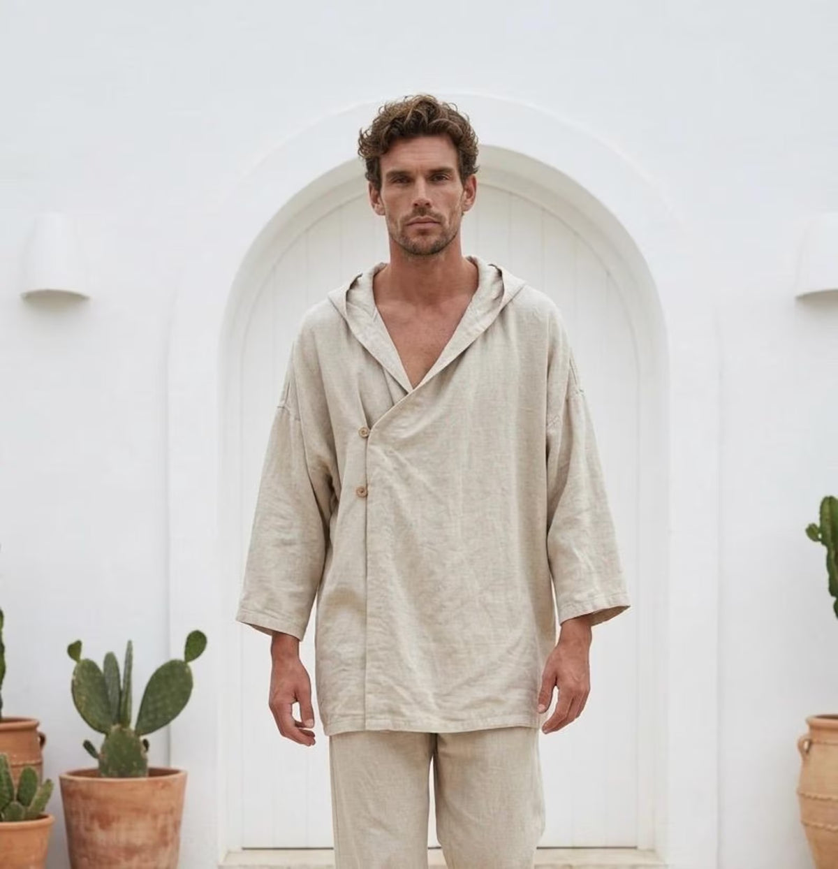 Peikra Men's Linen Hooded Tunic, Relaxed Long-Sleeve Pullover Top