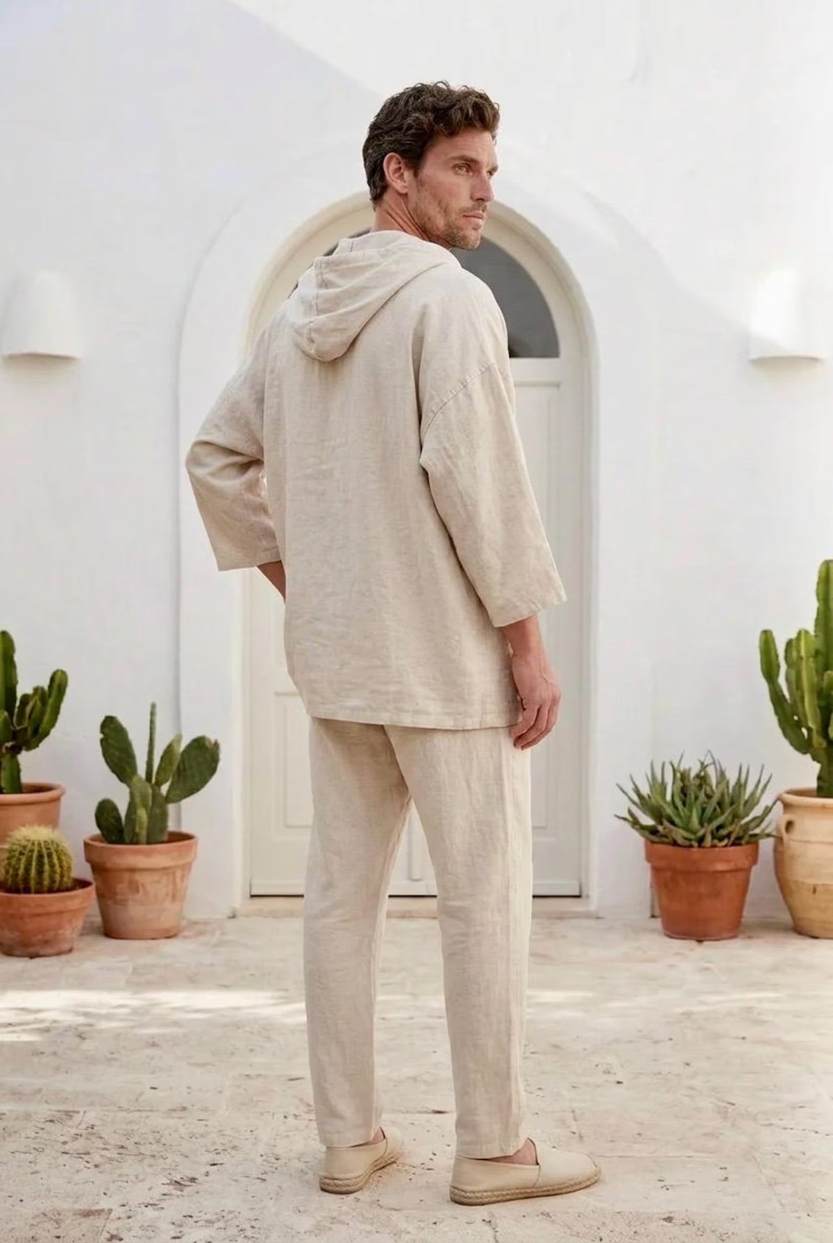 Peikra Men's Linen Hooded Tunic, Relaxed Long-Sleeve Pullover Top