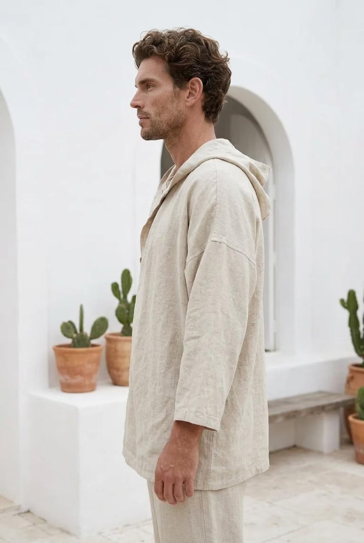 Peikra Men's Linen Hooded Tunic, Relaxed Long-Sleeve Pullover Top
