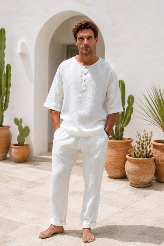 Peikra Men's White Linen Henley Shirt , Long-Sleeve Breathable Casual Top