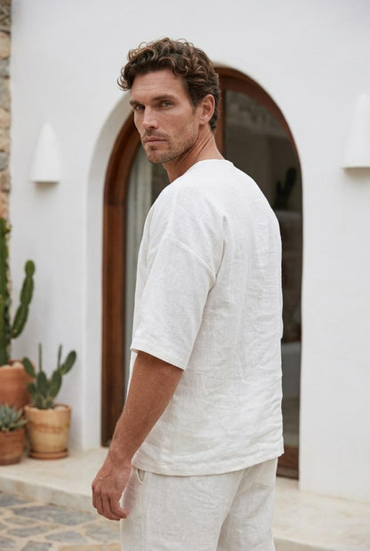Peikra Men's White Linen Henley Shirt , Long-Sleeve Breathable Casual Top