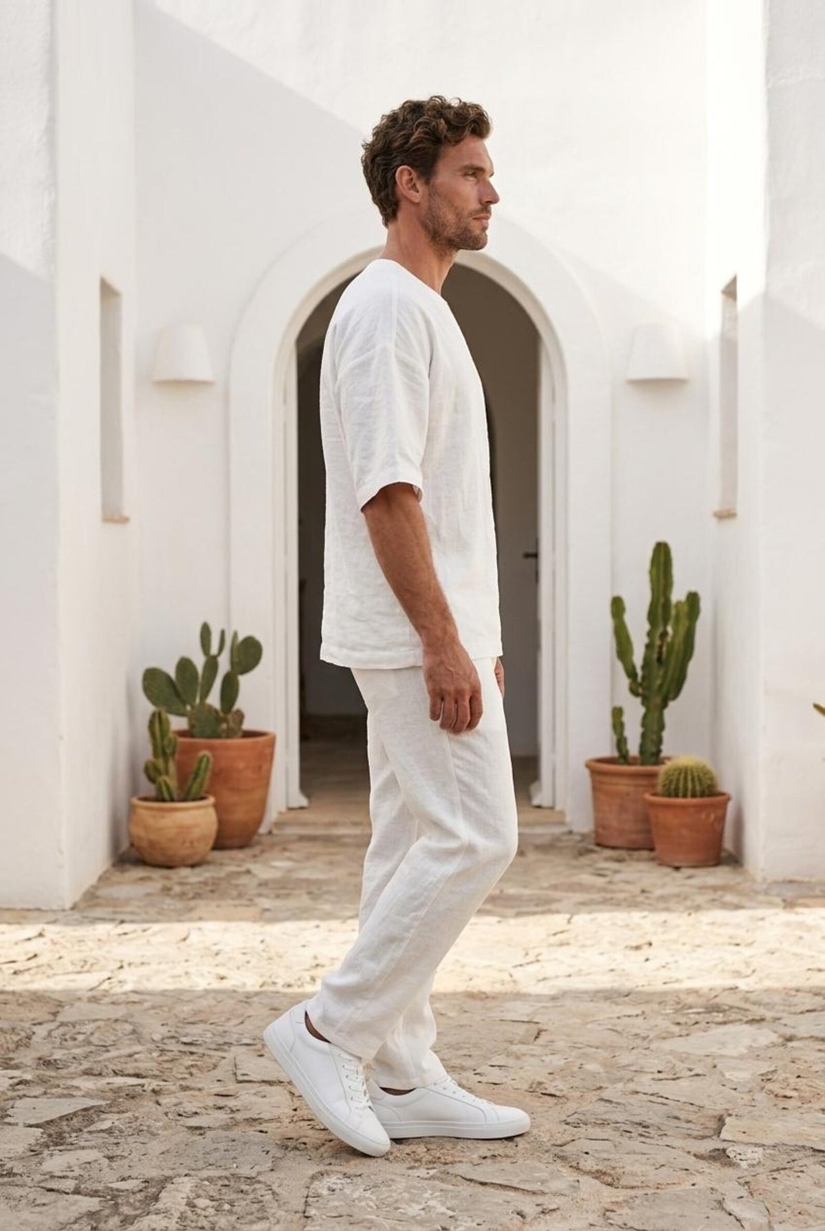 Peikra Men's White Linen Henley Shirt , Long-Sleeve Breathable Casual Top