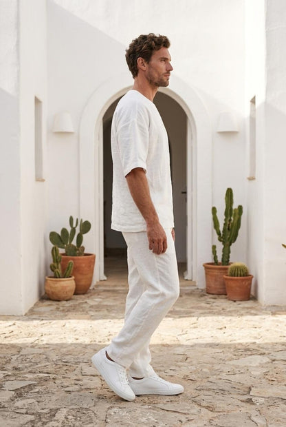 Peikra Men's White Linen Henley Shirt , Long-Sleeve Breathable Casual Top
