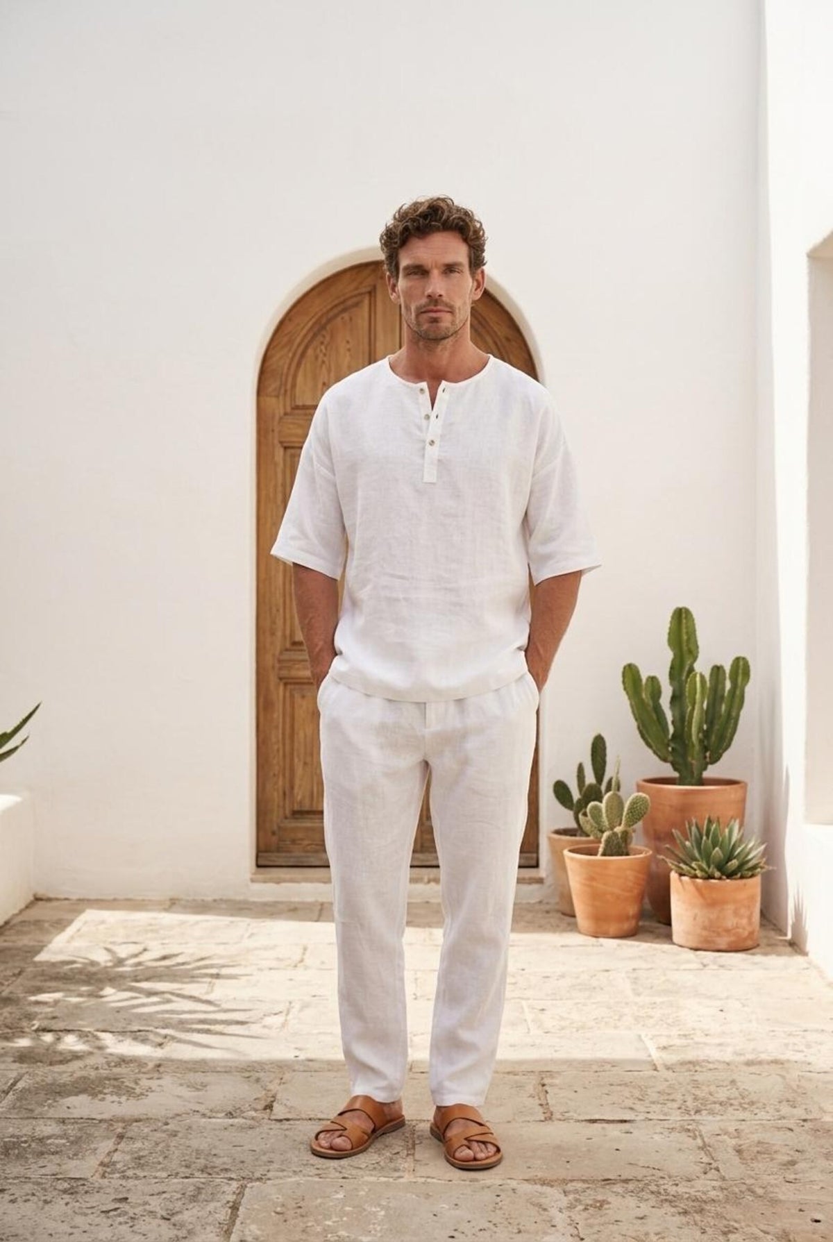 Peikra Men's White Linen Henley Shirt , Long-Sleeve Breathable Casual Top