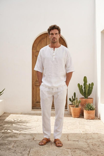 Peikra Men's White Linen Henley Shirt , Long-Sleeve Breathable Casual Top