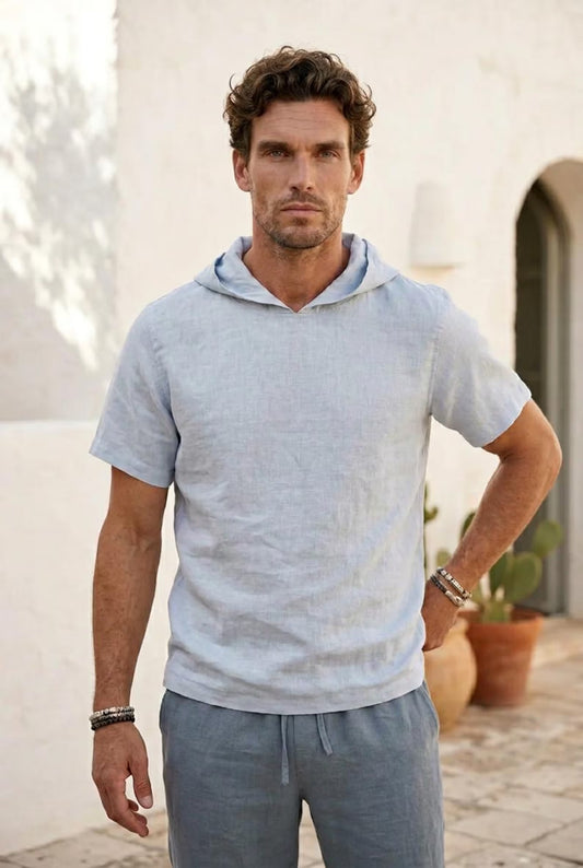 Peikra Men's Lightweight Linen Hoodie Shirt , Relaxed Long-Sleeve Pullover Top